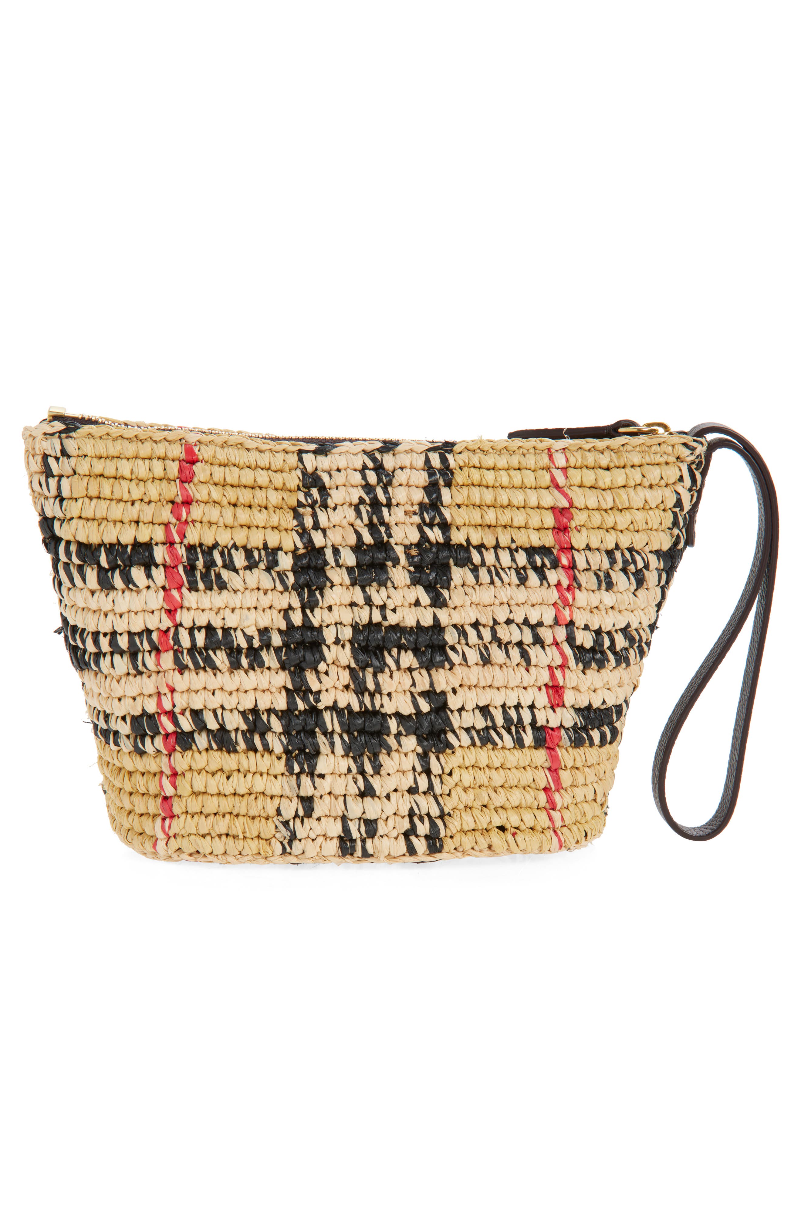 Burberry Margate Check Raffia Pouch, Alternate, color, Sand