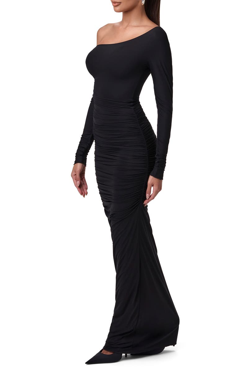 Naked Wardrobe Ruched Off the Shoulder Long Sleeve Maxi Dress, Alternate, color, Black