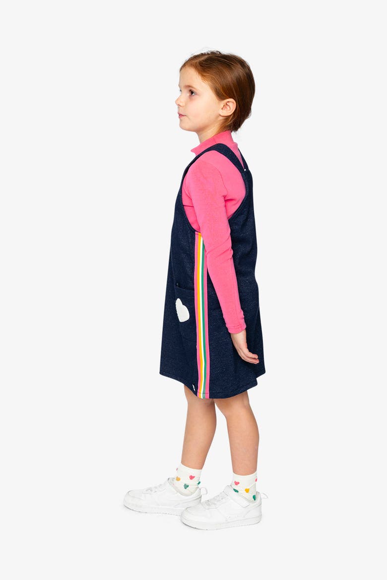 French Terry Appliqué Patch Pocket Overall Dress, Alternate, color, Navy Blue Denim