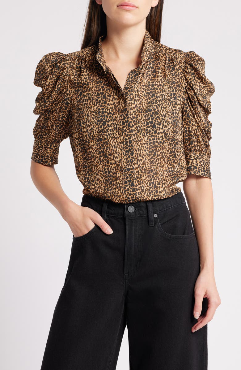 FRAME Gillian Leopard Print Puff Sleeve Silk Top, Main, color,