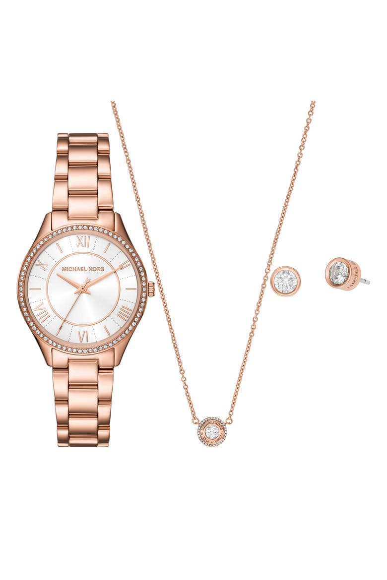 Lauryn Bracelet Watch, Necklace & Stud Earring Set, 33mm, Alternate, color, ROSE GOLD