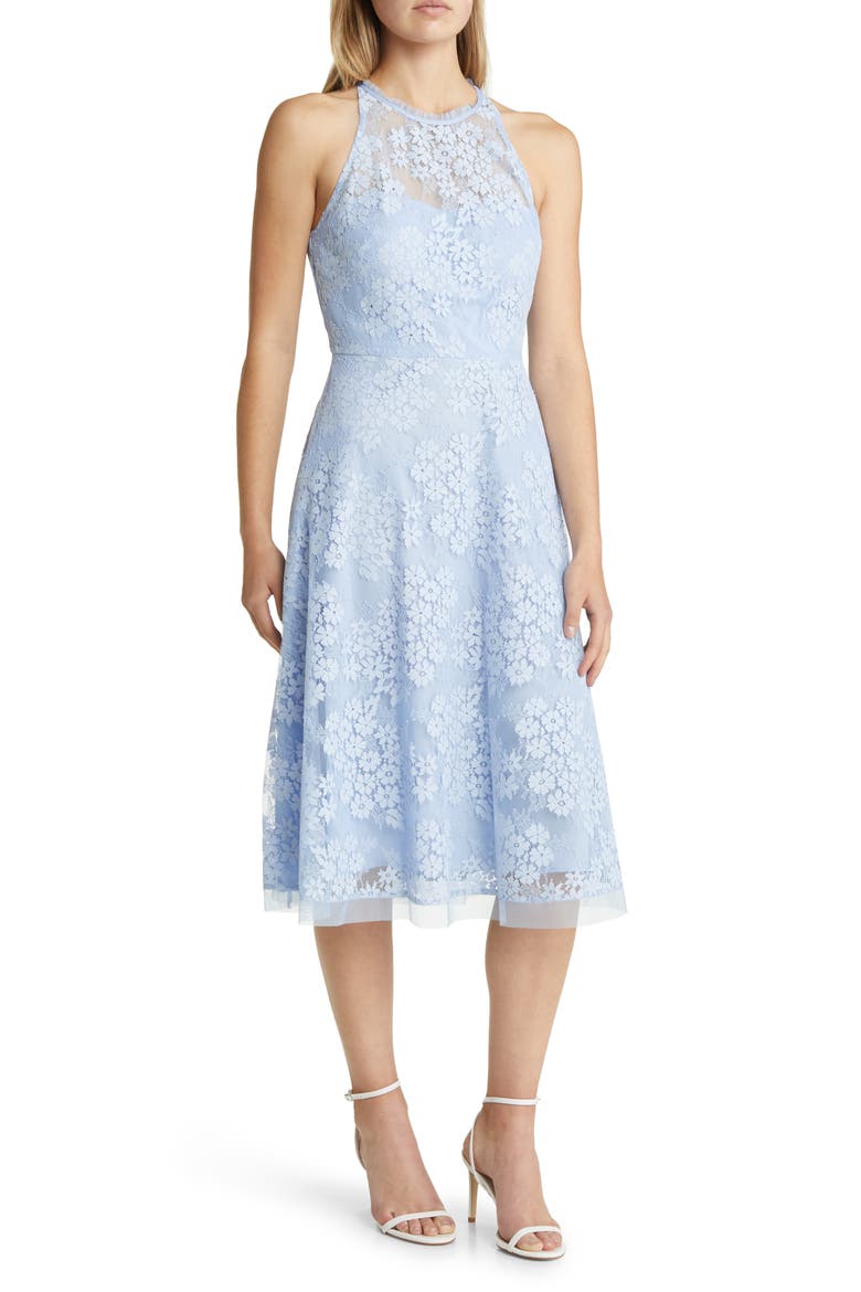 Halter Neck Lace Midi Dress, Main, color, BLUE