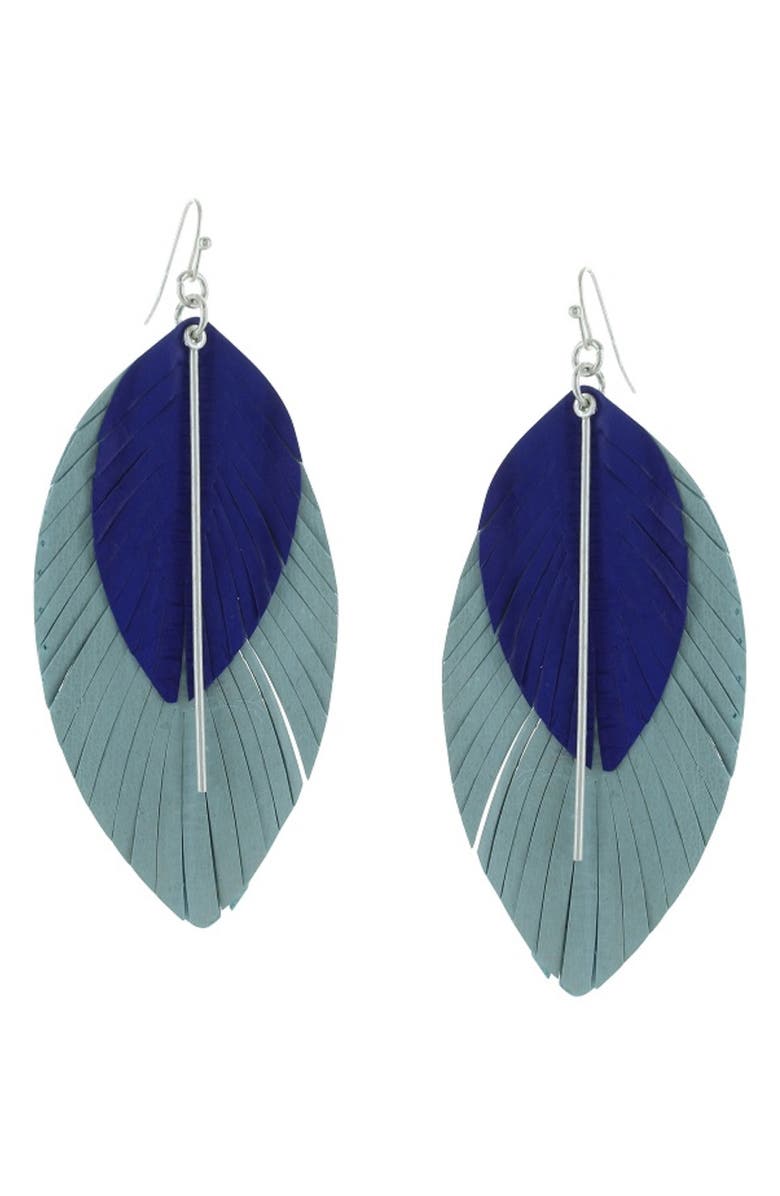 OLIVIA WELLES Kaia Fringed Leather Earrings, Main, color, Worn Silver/ Blue
