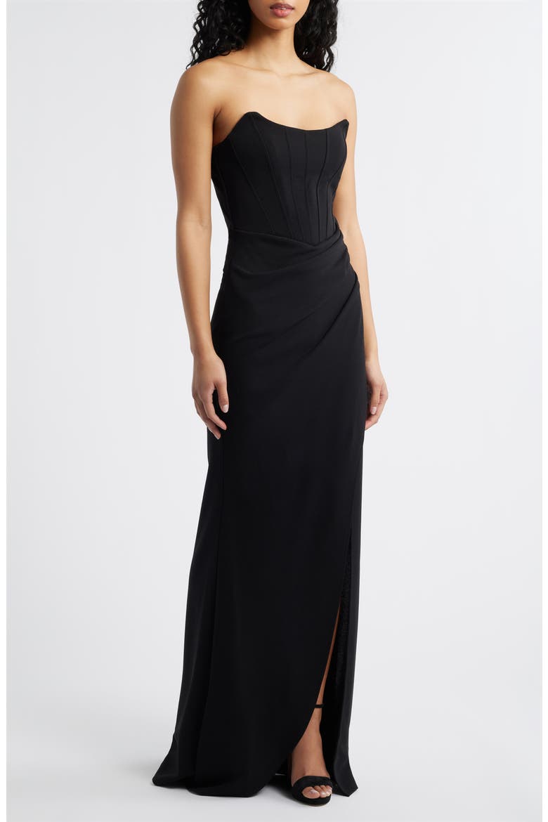 Strapless Cateye Corset Scuba Gown, Main, color, BLACK