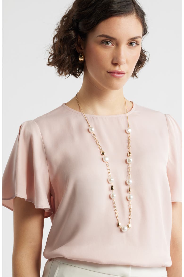 Faux Pearl Station Chain Long Necklace, Alternate, color, CLEAR- WHITE- GOLD