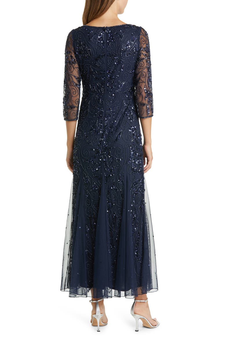 Illusion Sleeve Beaded A-Line Gown, Alternate, color, DARK NAVY 415