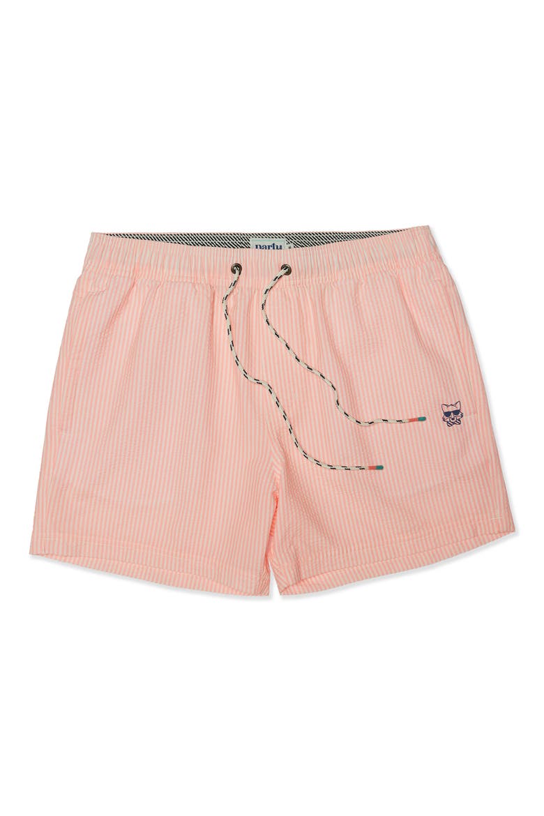 Stripe Party Starter Lined 5-Inch Swim Trunks, Main, color, PASTEL CORAL