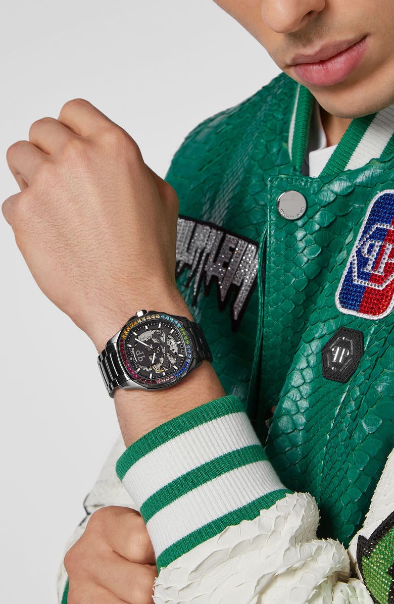 PHILIPP PLEIN Skeleton Spectre Bracelet Watch, 42mm, Alternate, color, Ip Black