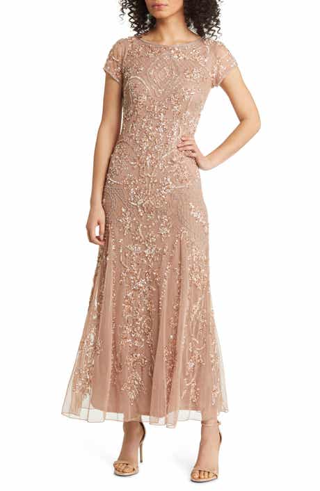 Beaded Mesh Midi Cocktail Dress