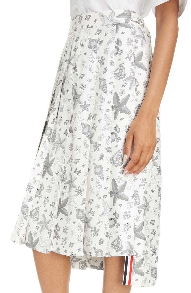 Thom Browne Nautical Crystal Print Drop Back Pleated Silk Skirt, Alternate, color, 