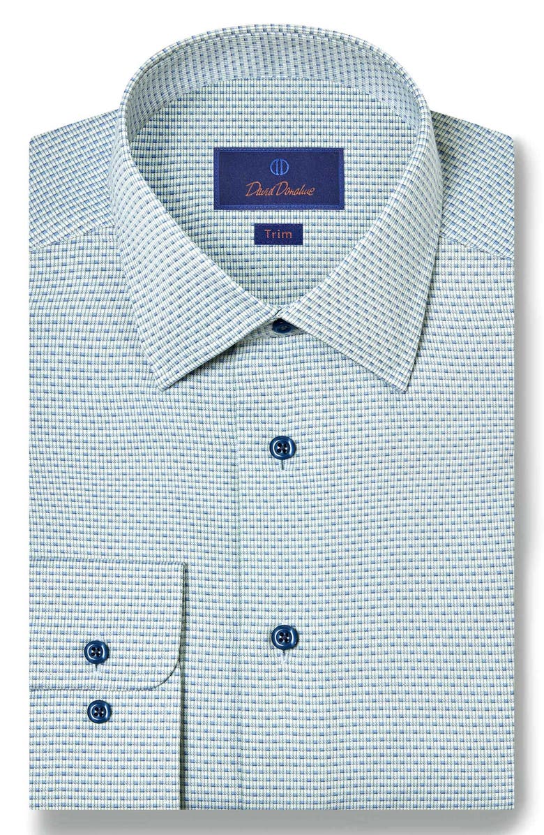 David Donahue Trim Fit Micro Dobby Cotton Dress Shirt, Main, color, Sage/ Blue