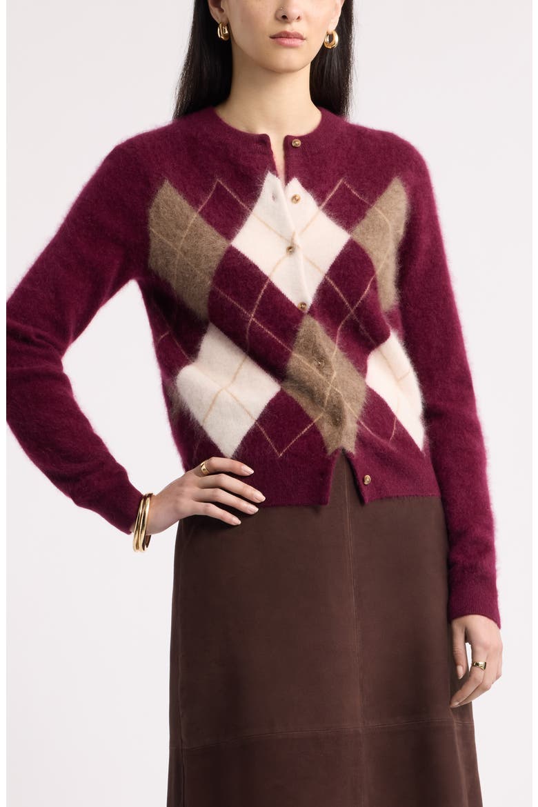 Brushed Cashmere Argyle Cardigan, Main, color, BURGUNDY FIG HEATHER ARGYLE
