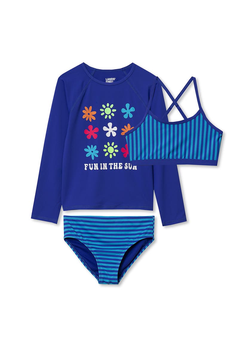 Lands' End Big Girls 3 Piece UPF 50 Sun Protection Rash Guard Set, Alternate, color, Electric Blue Mosaic Dot