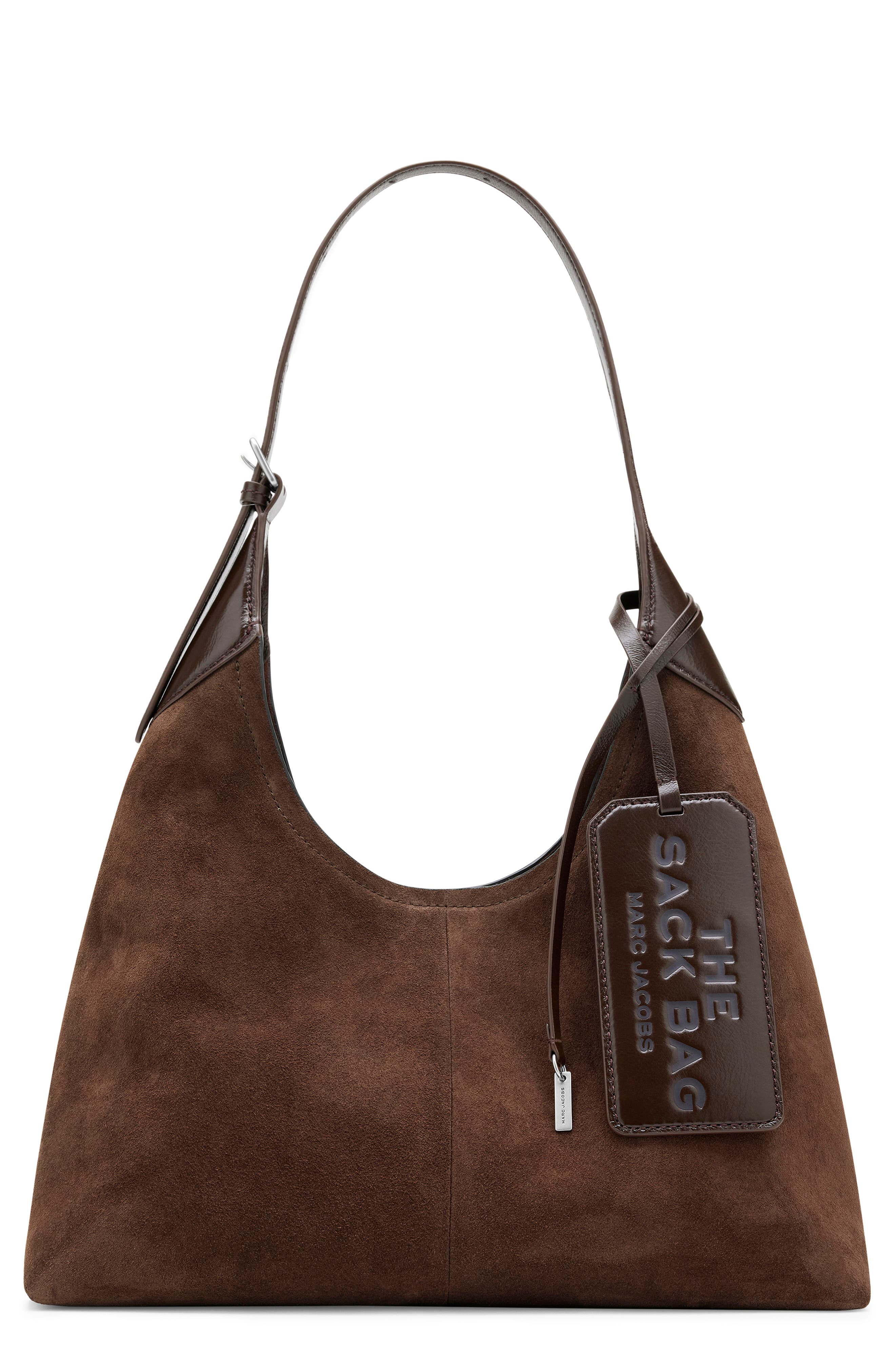 The Belted Sack Suede Leather Bag, Main, color, DARK BROWN