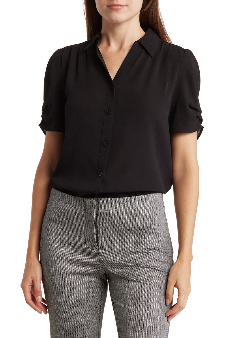 Puff Sleeve Button-Up Top, Main, color, BLACK