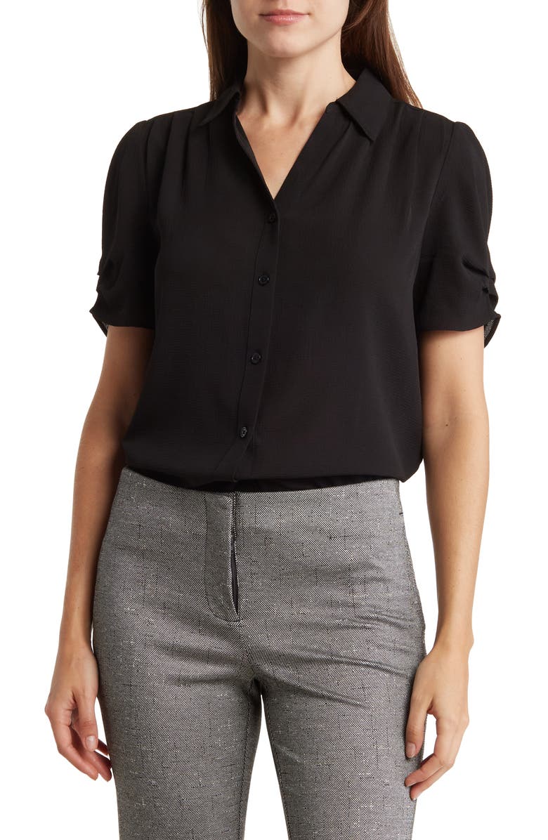 Adrianna Papell Puff Sleeve Button-Up Top, Main, color, Black