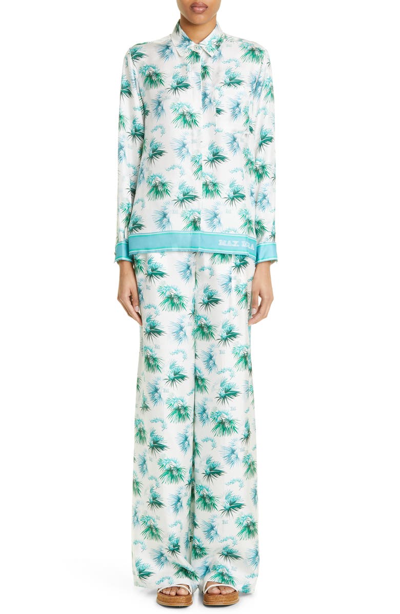 Max Mara Svago Tropical Floral Silk Button-Up Shirt, Alternate, color, Turquoise