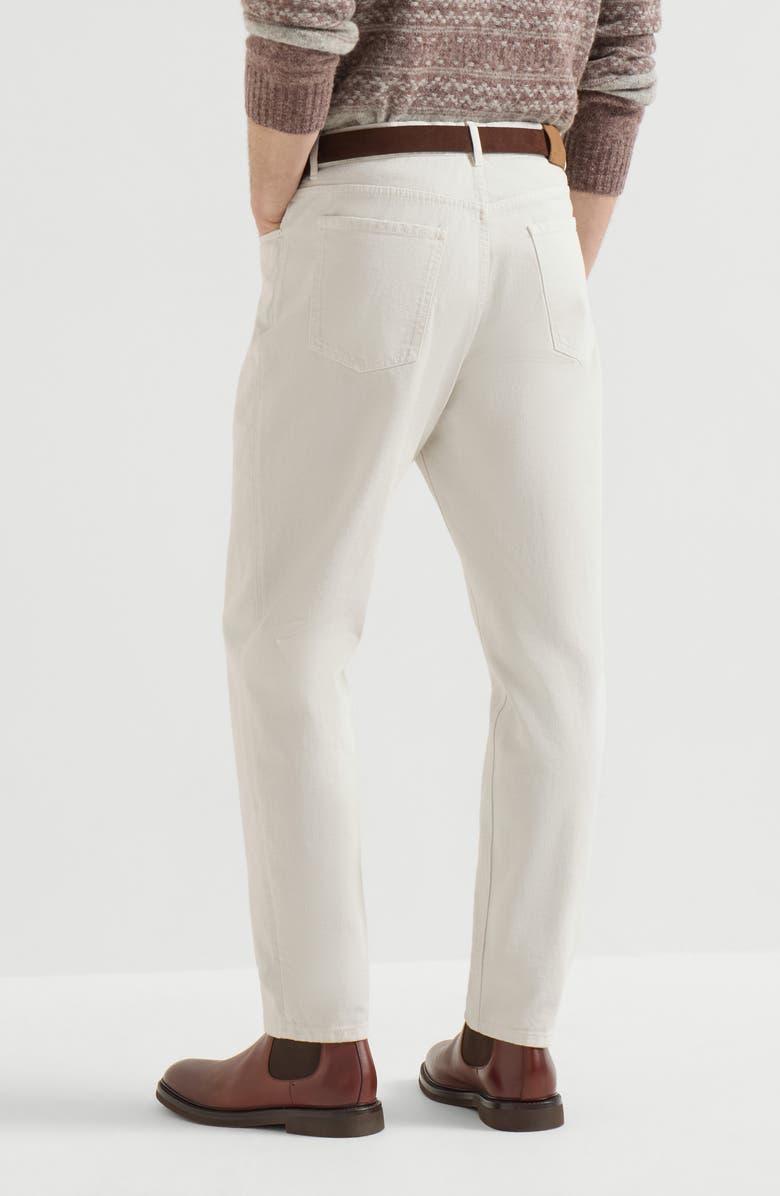 Brunello Cucinelli Garment-dyed denim iconic fit five-pocket trousers with rips, Alternate, color, White
