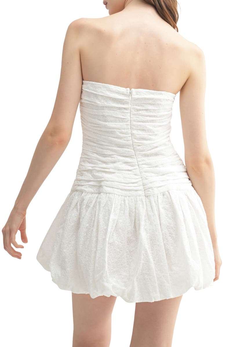 All in Favor Eyelet Embroidery Strapless Bubble Hem Minidress, Alternate, color, White