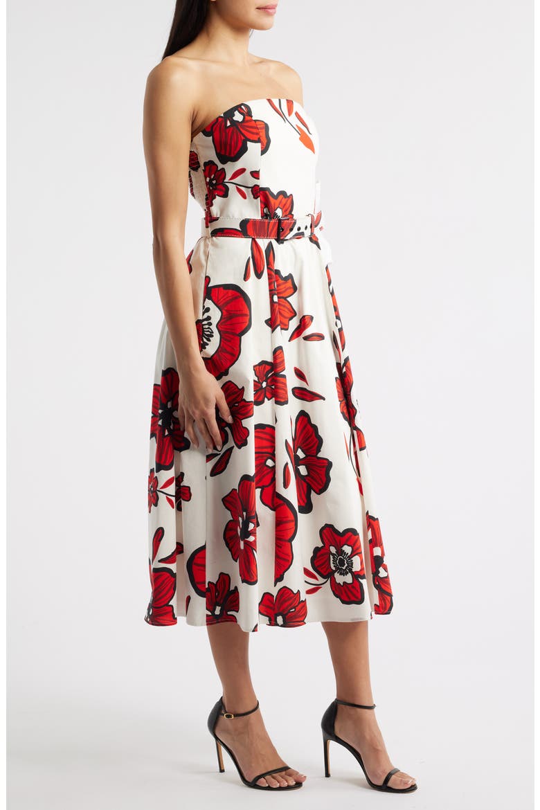 Strapless Belted Stretch Cotton Dress, Alternate, color, RED/ WHITE