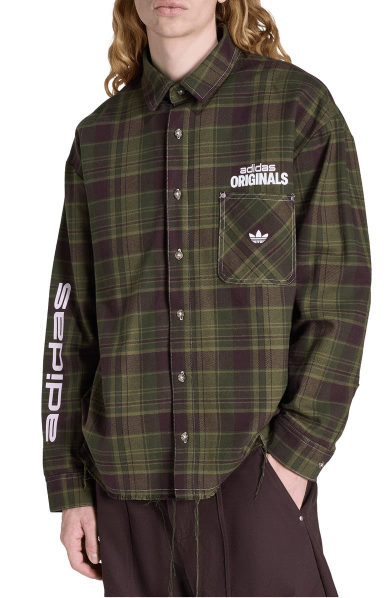 adidas Duck Graphic Distressed Plaid Cotton Flannel Button-Up Shirt, Main, color, 