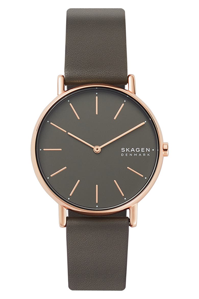 Signatur Leather Strap Watch, 38mm, Main, color, GREY/ ROSE GOLD