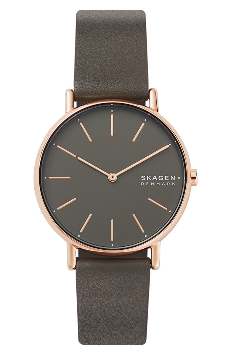 Skagen Signatur Leather Strap Watch, 38mm, Main, color, 