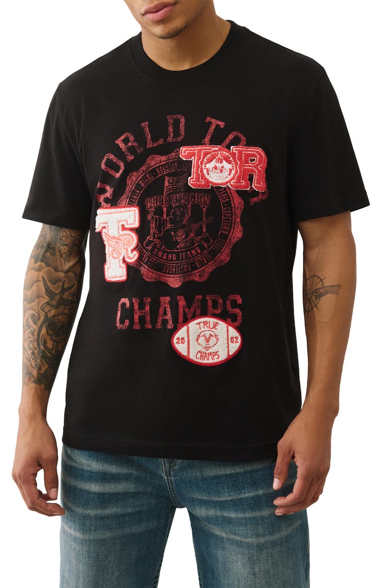 True Religion World Tour Champs Bouclé Patch Cotton Graphic T-Shirt, Main, color, Jet Black