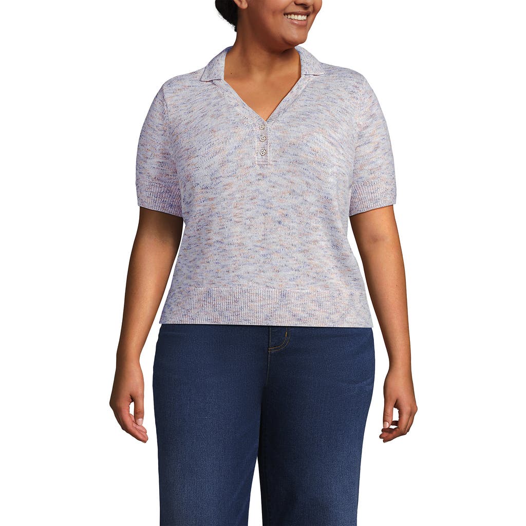 Lands' End Plus Size Cotton Blend Short Sleeve Polo Sweater In Gray