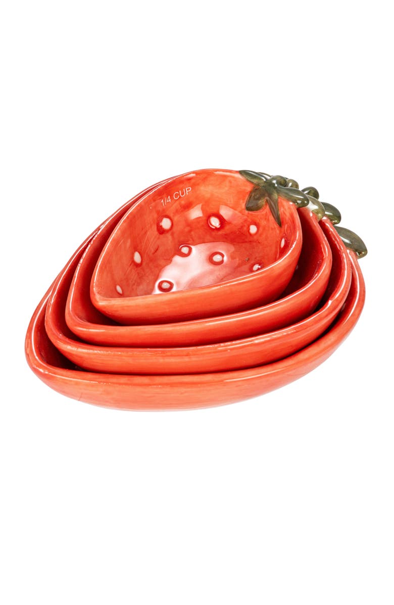 Storied Home Hand-Painted Strawberry Stoneware Measuring Cups, Red and White, Set of 4, Main, color, Red