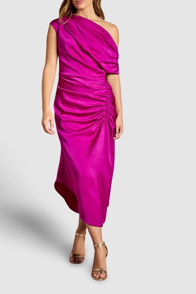 Satin One Shoulder Midi Dress, Alternate, color, Dark Pink