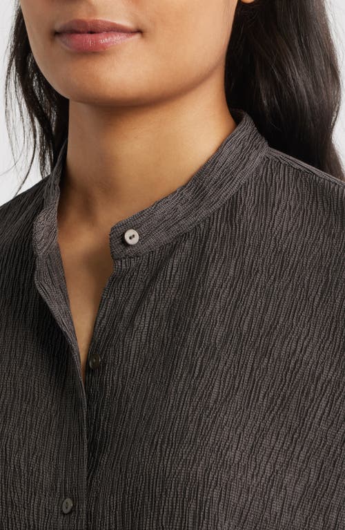 Eileen Fisher Crinkled Mandarin Collar Button-up Shirt In Brown