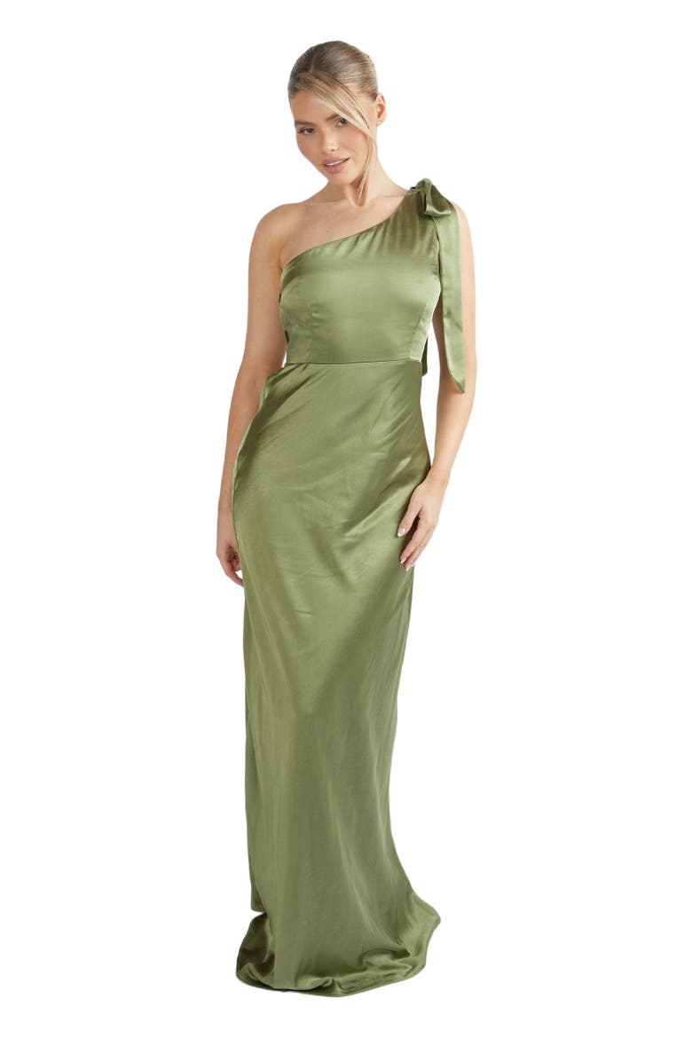 Bow One Shoulder Satin Bridesmaid Dress, Main, color, Moss Green