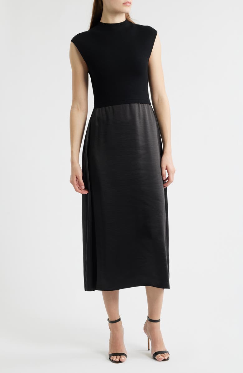 BOSS Ferdolini Mixed Media Midi Dress, Main, color, Black