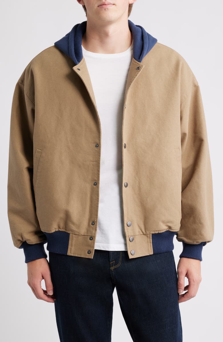 Brixton Hooded Cotton Canvas Bomber Jacket, Main, color, Khaki/ Mood Indigo