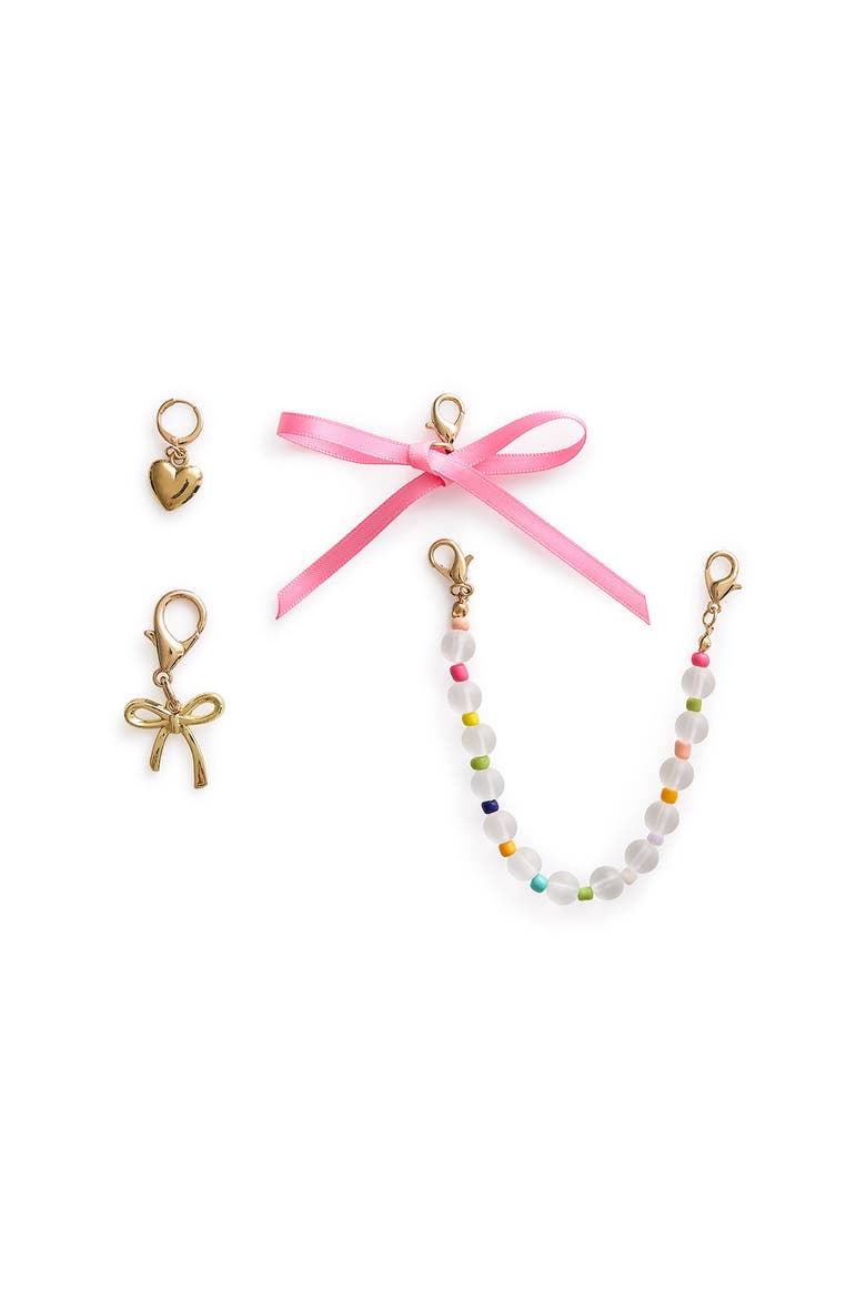 Better with a Bow Beads Charms and Bows Shoe Charm Set 4pc - Gold Bow, Heart Charm, Bead Chain, and Pink Ribbon Bow with Lobster Clips, Alternate, color, Multicolor