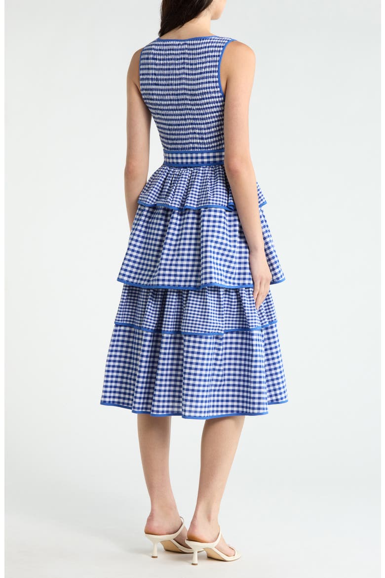 Vanna Gingham Tiered Midi Dress, Alternate, color, BLUE WHITE