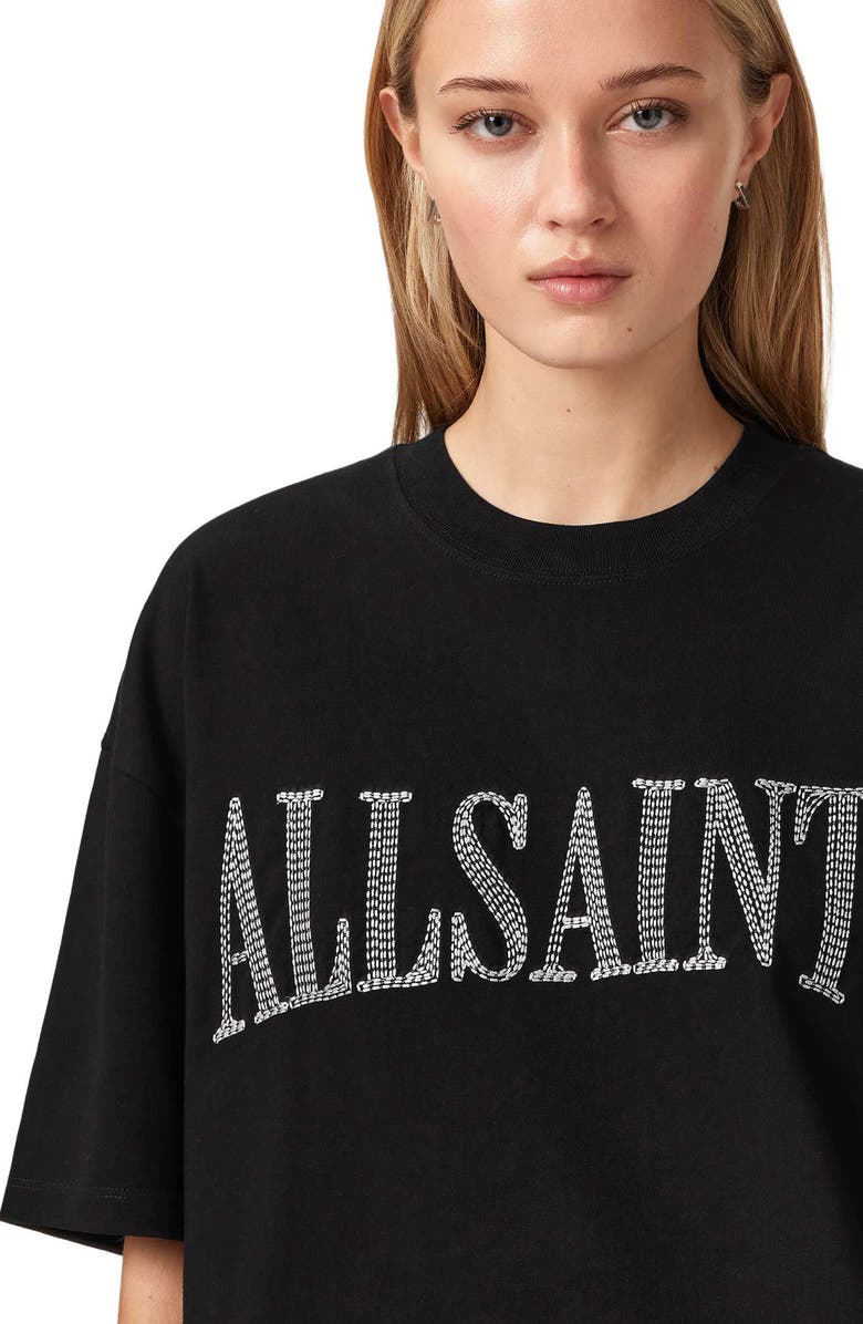 AllSaints Etta Oversized Dash Embroidered Cotton T-Shirt, Alternate, color, Washed Black