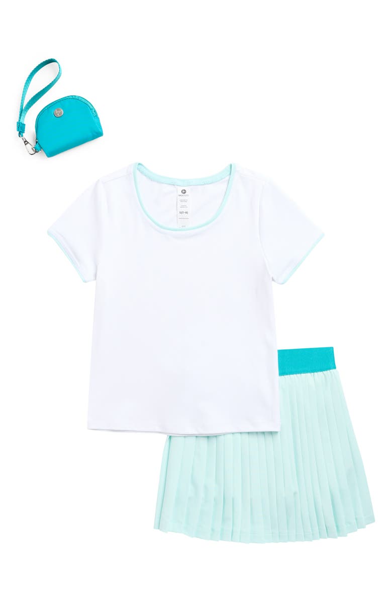 90 DEGREE BY REFLEX Kids' Lunatek Amaris Contrast Trim T-Shirt, Pleated Skirt & Pouch Set, Main, color, White/ Oceantide