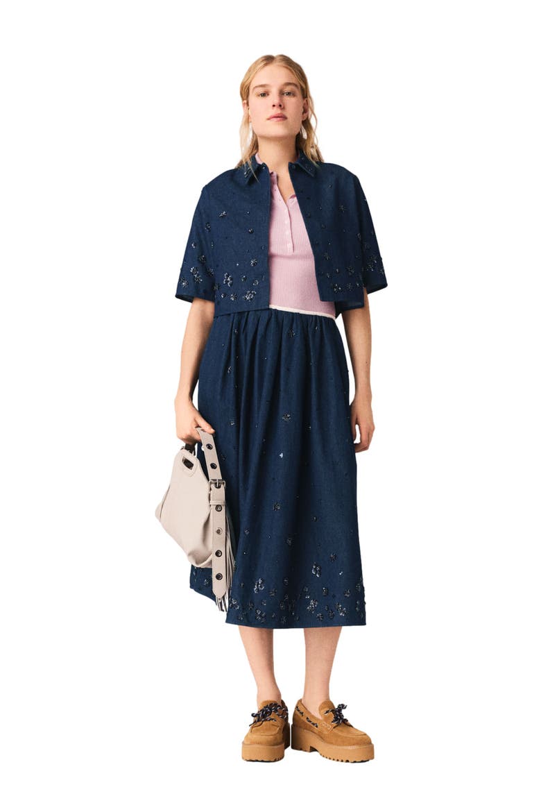 Embroidered cropped denim shirt, Alternate, color, Navy