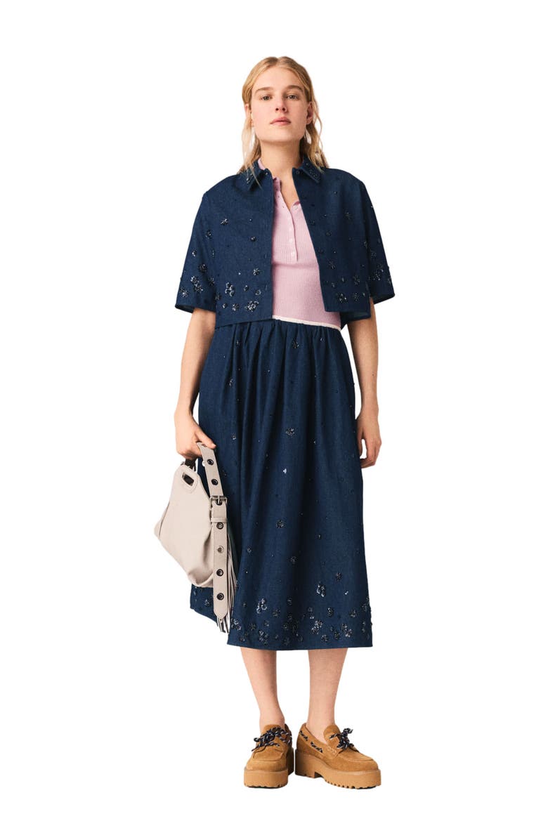 maje Embroidered cropped denim shirt, Alternate, color, Navy