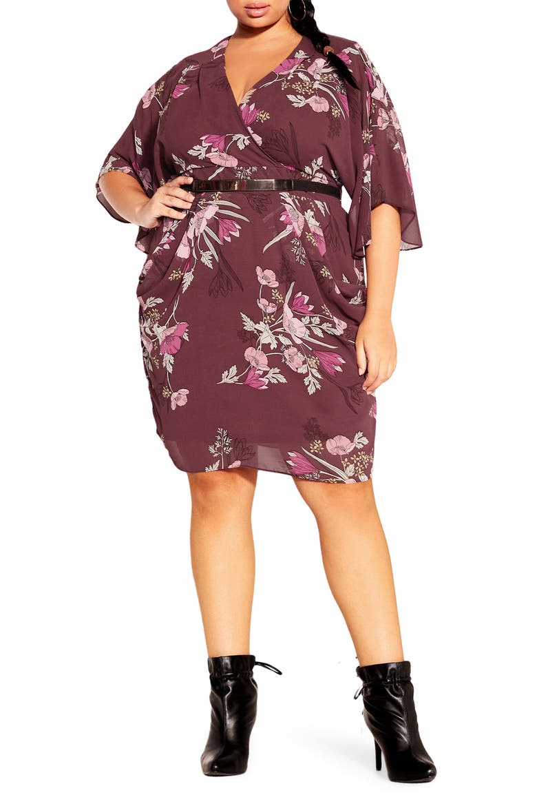 Lila Floral Print Faux Wrap Dress, Main, color, PURPLE FLORAL