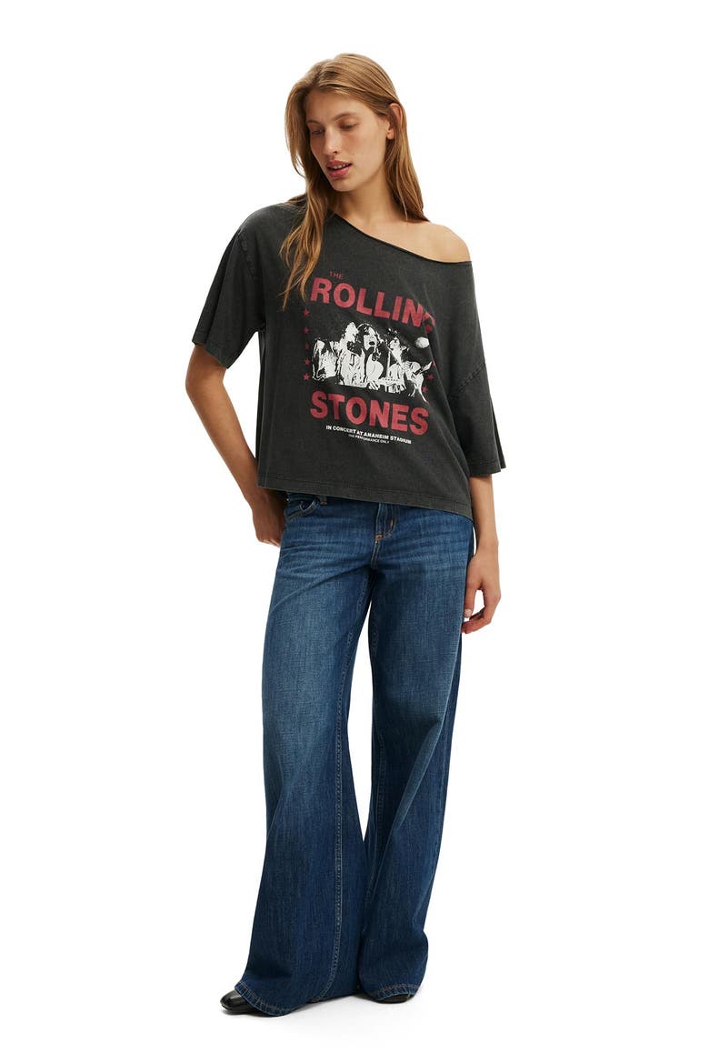 Women's Lcn Music Off Shoulder Boxy Graphic Tee, Alternate, color, Rolling Stones Stadium