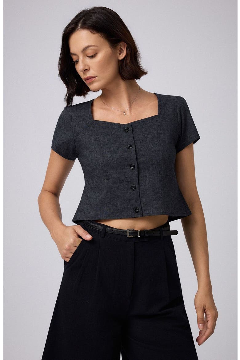 Hemp Blend Button Front Top, Main, color, washed black