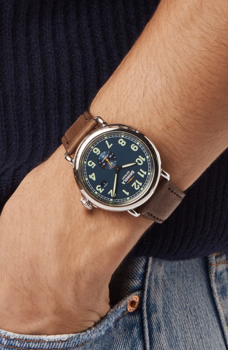 Shinola Runwell Automatic Leather Strap Watch, 45mm, Alternate, color, Midnight Blue