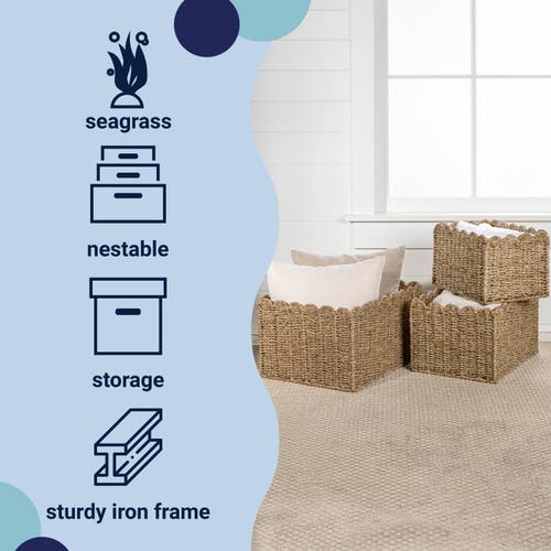 Happimess Arden Coastal Cottage Seagrass Scalloped Rectangular Organizing Storage Baskets (set Of 3) In Natural