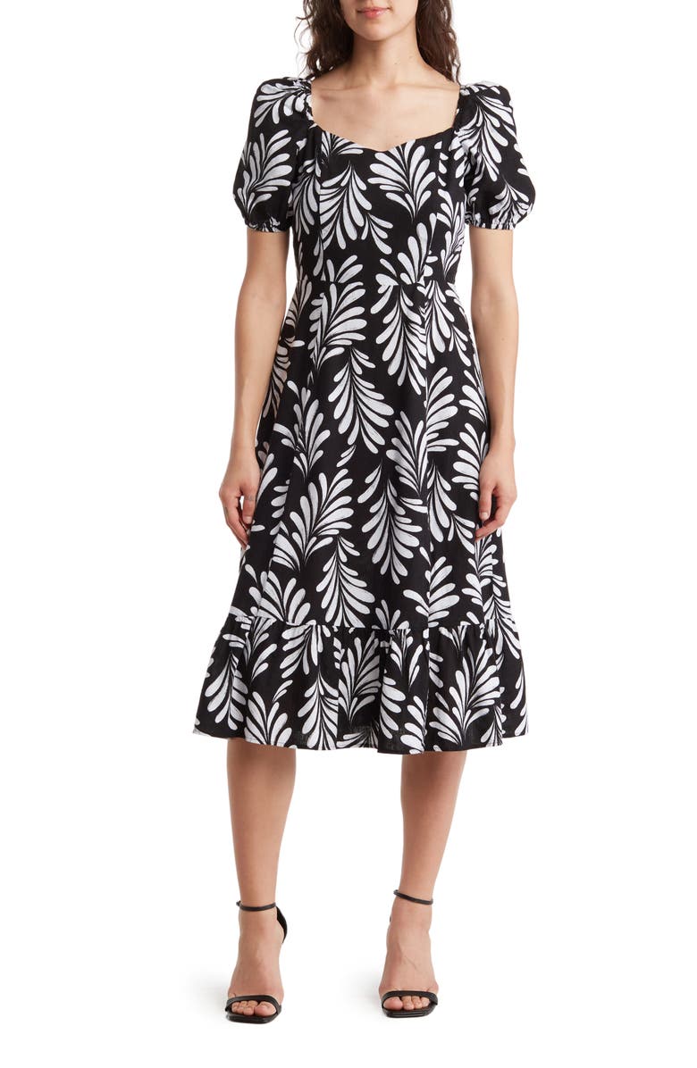 Ellen Tracy Puff Sleeve Linen Blend Midi Dress, Main, color,