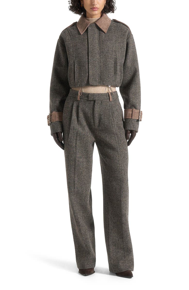 Manière De Voir Galia Herringbone and Suede Bungee Hem Jacket, Alternate, color, Grey