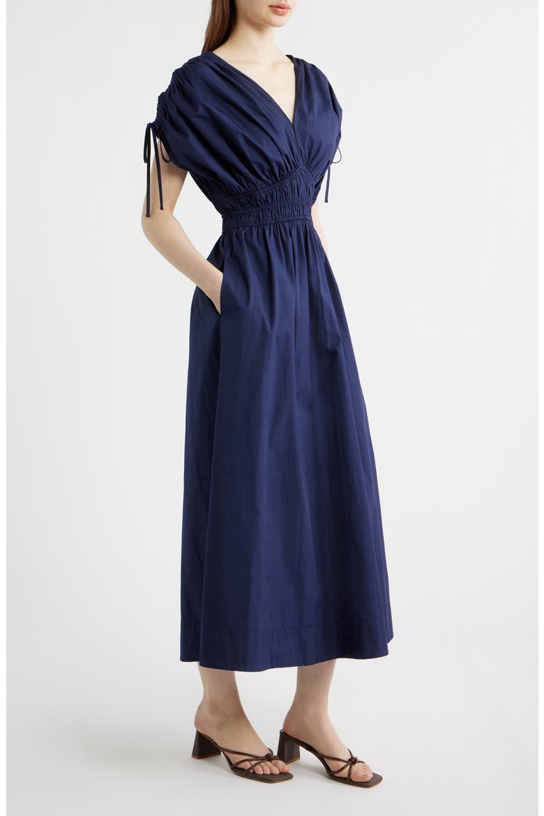 Cotton Poplin Ruched Tie Shoulder Dress, Alternate, color, NAVY