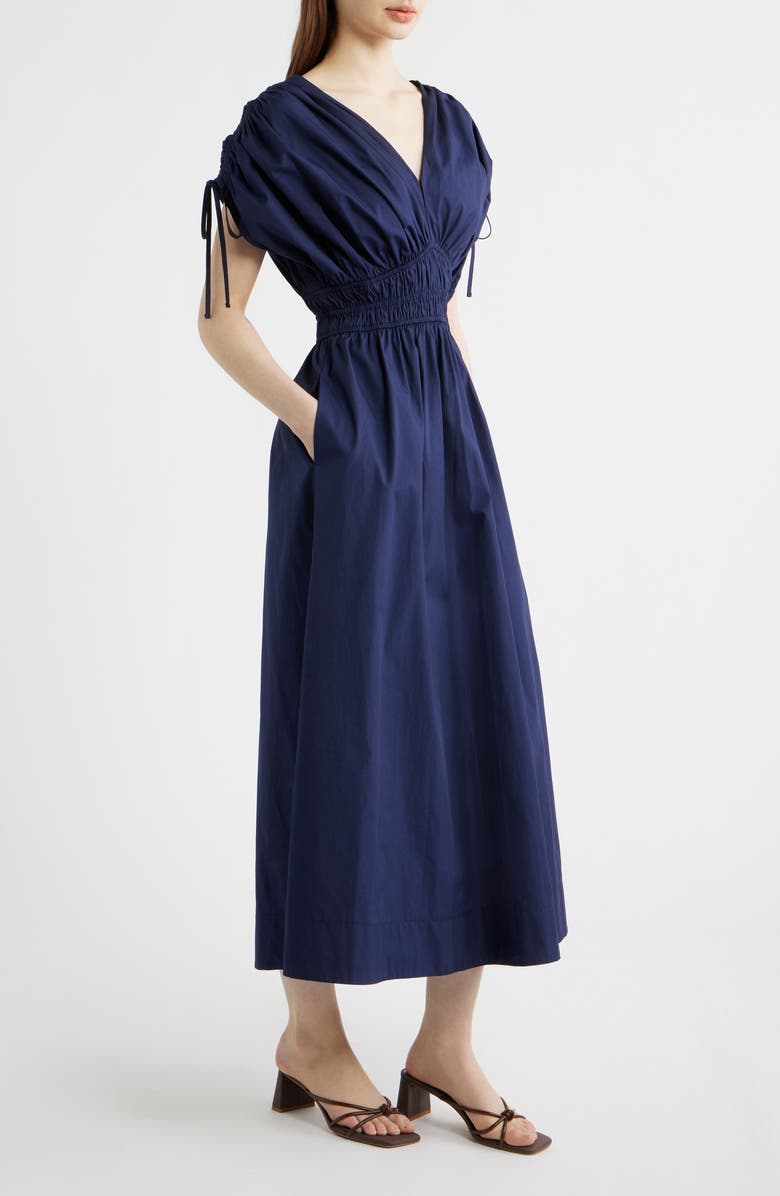 Vince Camuto Cotton Poplin Ruched Tie Shoulder Dress, Alternate, color, Navy